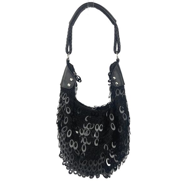 Women's Black Crochet Droplet Sequin Zipper Evening Party Hobo Shoulder Bag - Picture 1 of 2